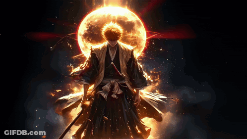 A Man In A Kimono Holding A Sword Stands In Front Of A Large Fireball GIF