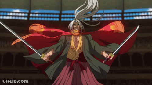 A Man In A Kimono Holds Two Swords In His Hands GIF