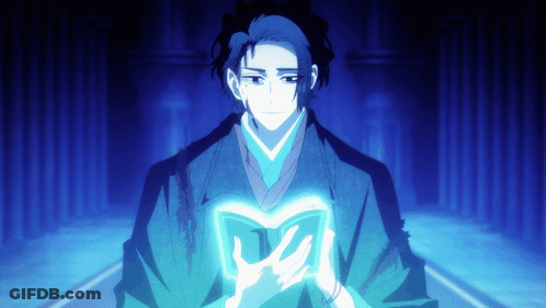 A Man In A Kimono Is Holding A Book With A Blue Light Coming Out Of His Hands GIF