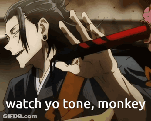 A Man In A Kimono Is Holding A Red And Black Stick With The Words Watch Yo Tone Monkey Written Below Him GIF