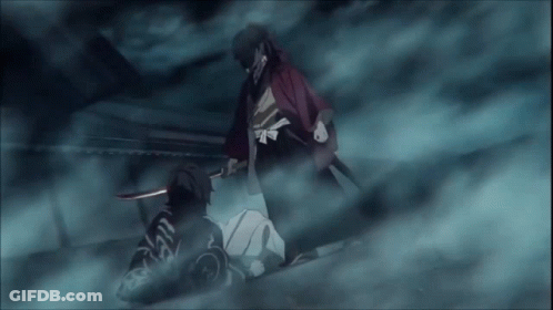 A Man In A Kimono Is Holding A Sword While Another Man Is Laying On The Ground GIF