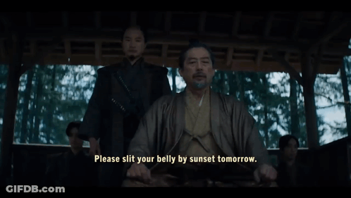 A Man In A Kimono Is Sitting In A Chair With The Words Please Slit Your Belly By Sunset Tomorrow GIF
