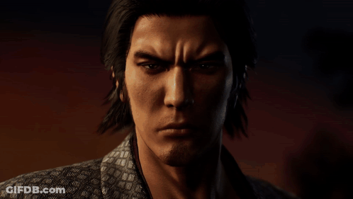 A Man In A Kimono Is Standing In A Dark Room Holding A Sword GIF