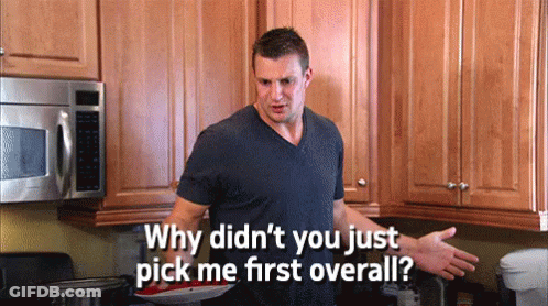 A Man In A Kitchen Says " Why Didn 'T You Just Pick Me First Overall ? " GIF