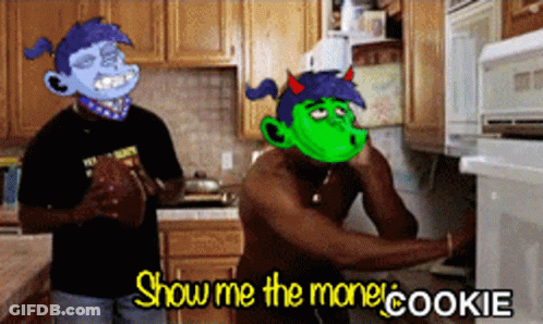 A Man In A Kitchen With A Cartoon Character On His Face And The Words Show Me The Money Cookie GIF