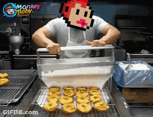 A Man In A Kitchen With A Monkey Baby Business Logo Above Him GIF