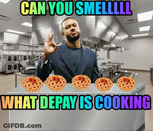 A Man In A Kitchen With The Words " Can You Smell What Depay Is Cooking " GIF