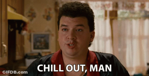 A Man In A Kitchen With The Words Chill Out Man Behind Him GIF
