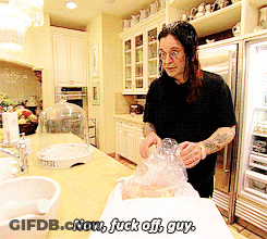 A Man In A Kitchen With The Words Now Fuck Off Guy Written On It GIF