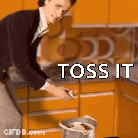 A Man In A Kitchen With The Words Toss It Written On The Bottom GIF