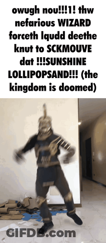 A Man In A Knight Costume Is Dancing In Front Of A Wall GIF