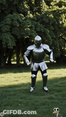 A Man In A Knight 'S Armor Is Standing In A Grassy Field GIF