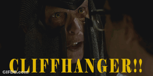 A Man In A Knight 'S Armor Is Talking To Another Man With The Words Cliffhanger Written Below Him GIF