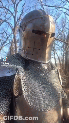A Man In A Knight 'S Helmet And Chain Mail Is Standing In A Forest . GIF