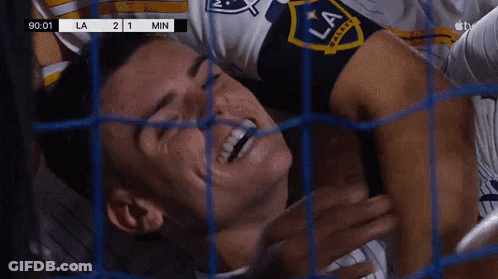 A Man In A La Jersey Laughs While Laying On The Ground GIF