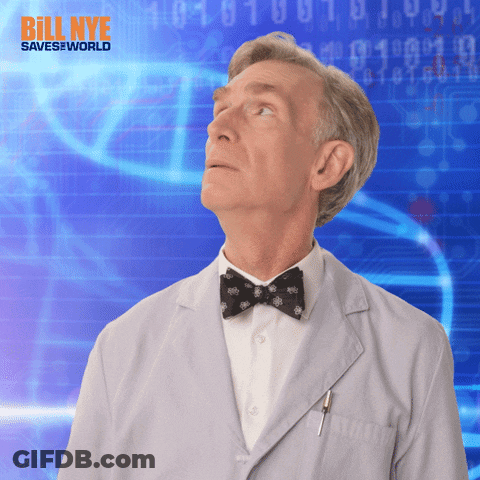 A Man In A Lab Coat And Bow Tie Looks Up In Front Of A Bill Nye Saves The World Background GIF