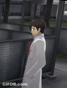 A Man In A Lab Coat And Tie Is Standing In Front Of A Fence . GIF
