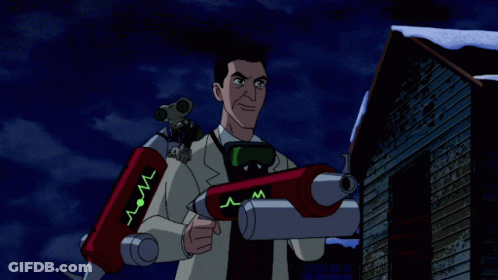 A Man In A Lab Coat Is Holding A Gun That Says ' Mr ' On It GIF
