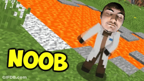 A Man In A Lab Coat Is Standing In A Video Game With The Words Noob Above Him GIF