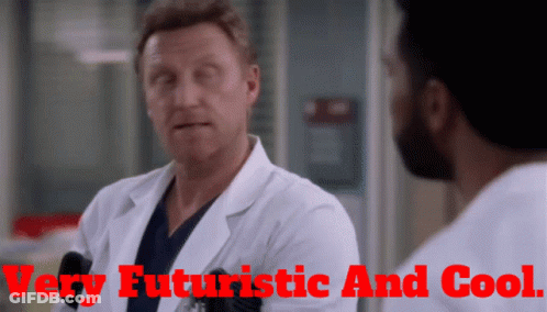 A Man In A Lab Coat Is Talking To Another Man With The Words Very Futuristic And Cool Behind Him GIF