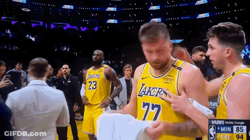 A Man In A Lakers Jersey Holds A Piece Of Paper In His Hand GIF