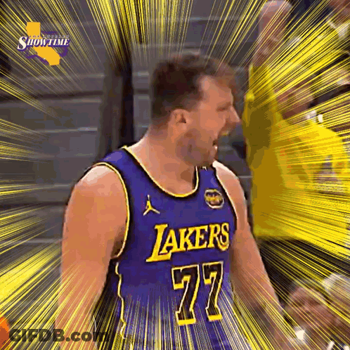 A Man In A Lakers Jersey Is Screaming GIF