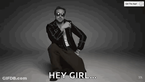 A Man In A Leather Jacket And Sunglasses Is Kneeling Down And Saying `` Hey Girl ... '' . GIF