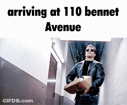 Man In Leather Jacket Carrying Box At 110 Bennett Avenue GIF