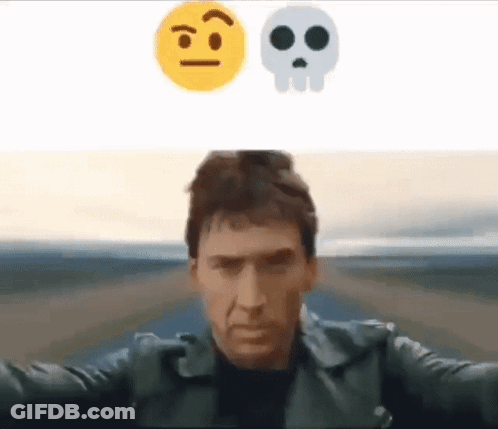 A Man In A Leather Jacket Is Driving Down A Road With A Smiley Face And A Skull Behind Him . GIF