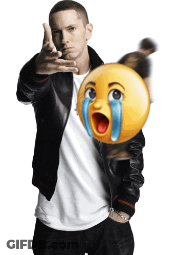A Man In A Leather Jacket Is Holding A Crying Emoji GIF