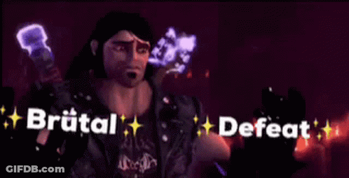 A Man In A Leather Jacket Is Holding A Fist And The Words Brutal And Defeat Are Written Above Him . GIF