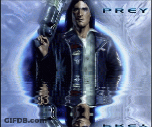 A Man In A Leather Jacket Is Holding A Gun And The Word Prey Is On The Bottom GIF