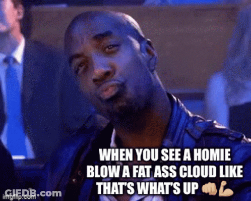 A Man In A Leather Jacket Is Making A Funny Face With The Caption When You See A Homie Blow A Fat Ass Cloud GIF