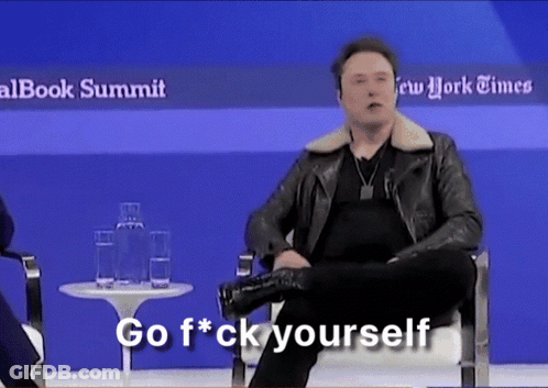 A Man In A Leather Jacket Is Sitting In Front Of A Sign That Says " Go F * Ck Yourself " GIF