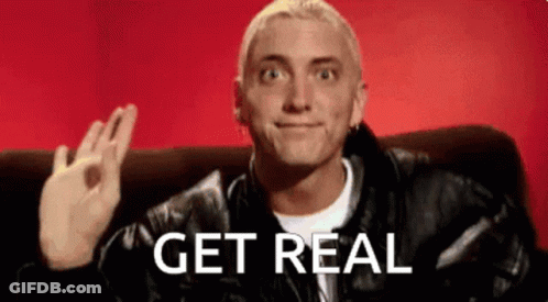 A Man In A Leather Jacket Is Sitting On A Couch With The Words Get Real Written On The Bottom Of His Face . GIF