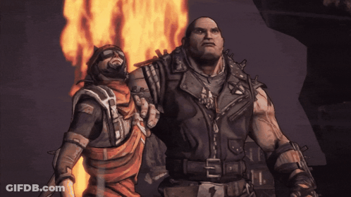 A Man In A Leather Jacket Is Standing Next To Another Man GIF