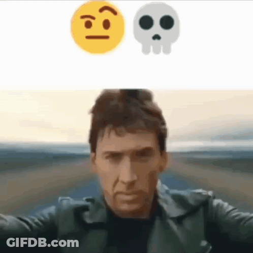 A Man In A Leather Jacket Is Taking A Selfie With A Skull And Smiley Face . GIF
