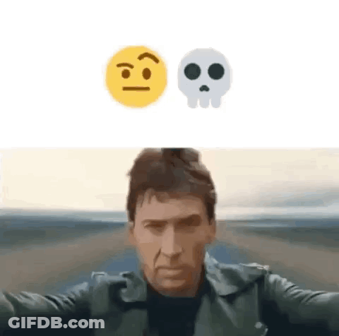 A Man In A Leather Jacket Is Taking A Selfie With A Skull And Smiley Face . GIF