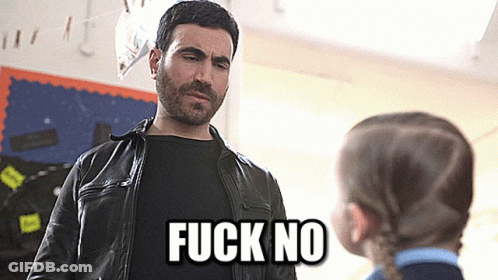 A Man In A Leather Jacket Is Talking To A Little Girl With The Words " Fuck No " Written Above Him GIF