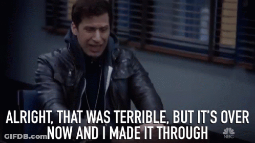 A Man In A Leather Jacket Says " Alright That Was Terrible But It 'S Over Now And I Made It Through Nbc " GIF