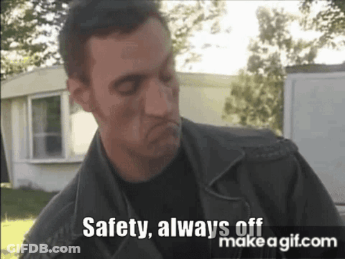 A Man In A Leather Jacket Says Safety Always Off Make A Gif.com GIF