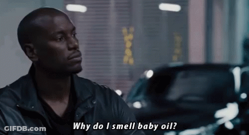 A Man In A Leather Jacket Says Why Do I Smell Baby Oil . GIF