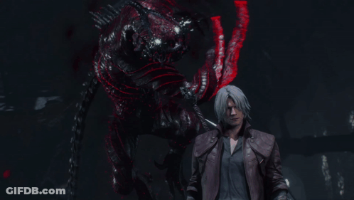 A Man In A Leather Jacket Stands In Front Of A Demon With Red Eyes GIF