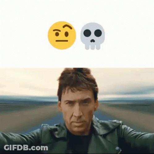 A Man In A Leather Jacket Stands In Front Of A Skull And A Smiley Face GIF