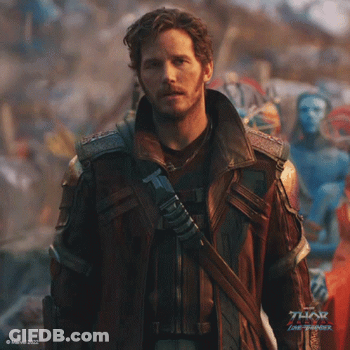 A Man In A Leather Jacket With The Word Thor On The Bottom Right GIF