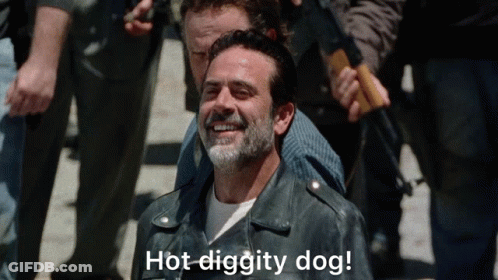 A Man In A Leather Jacket With The Words Hot Diggity Dog On The Bottom GIF