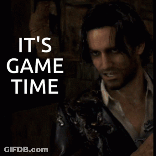 A Man In A Leather Jacket With The Words It 'S Game Time Behind Him GIF