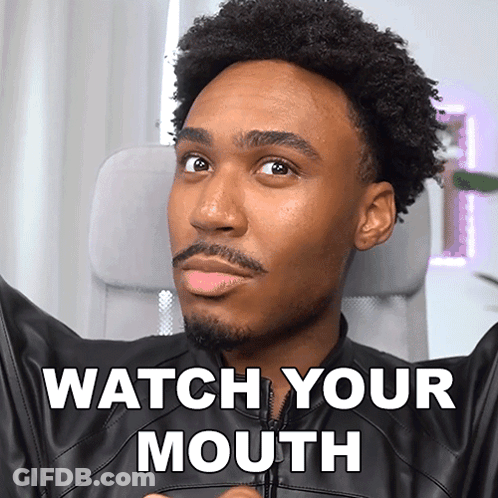 A Man In A Leather Jacket With The Words Watch Your Mouth On The Bottom GIF