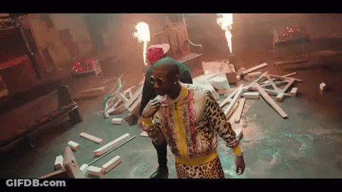 A Man In A Leopard Print Jacket Is Standing In A Room With A Lot Of Wood And Fire . GIF