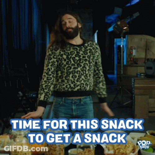 A Man In A Leopard Print Sweater Is Dancing With The Words Time For This Snack To Get A Snack Above Him GIF